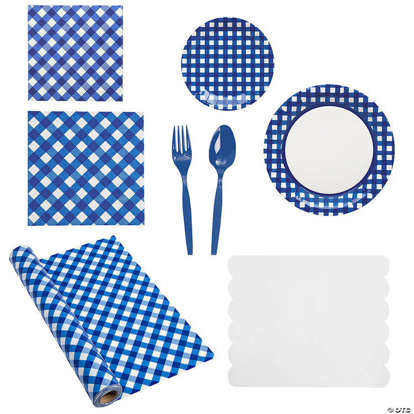 185 Pc. Blue Gingham Party Disposable Tableware Kit for 24 Guests Image