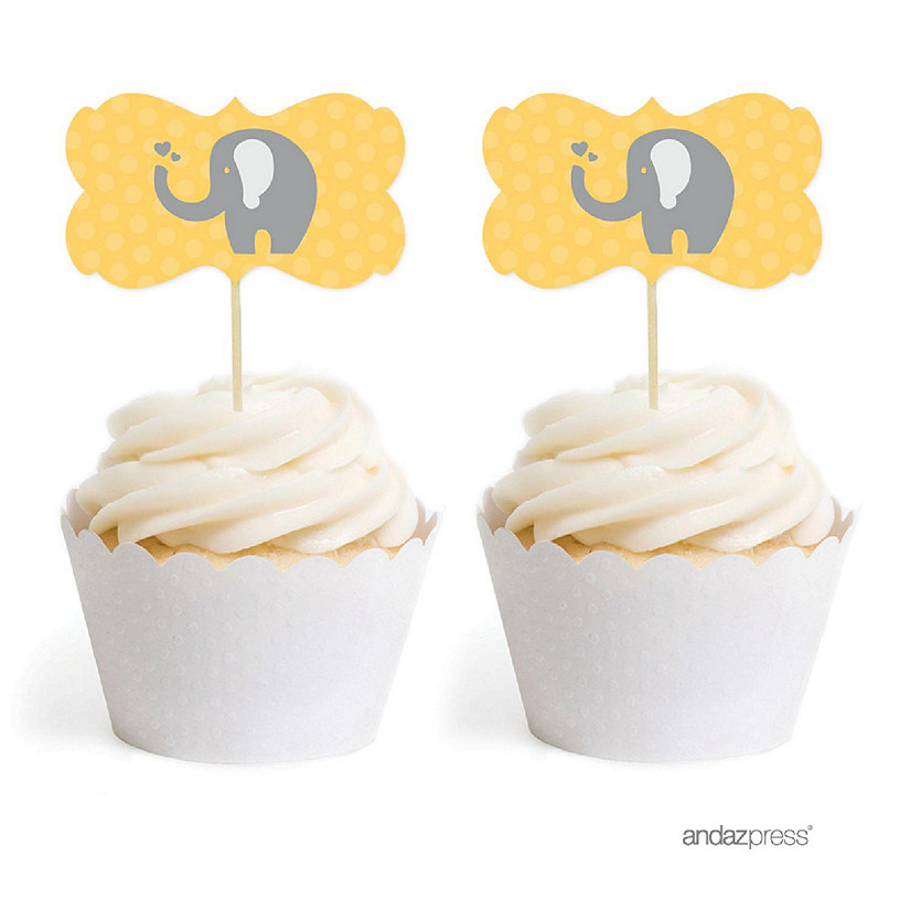 18PK Yellow Gray Elephant Cupcake Topper Image