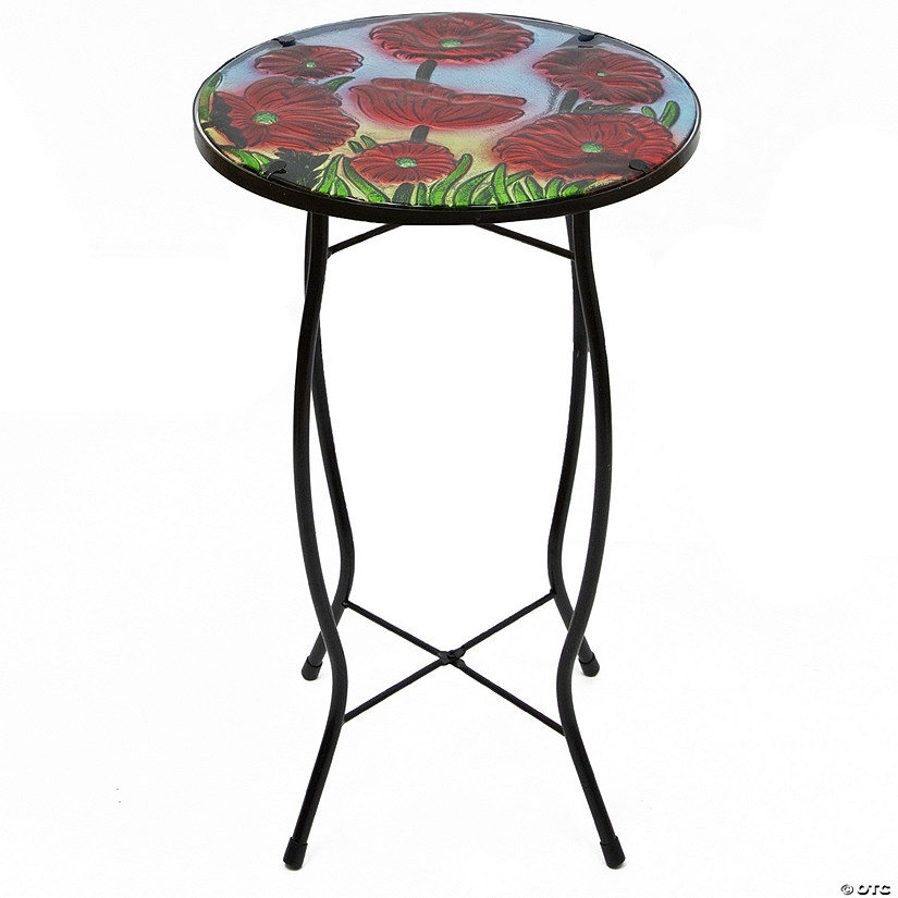 19" Red Floral Poppies Glass Patio Side Table Image