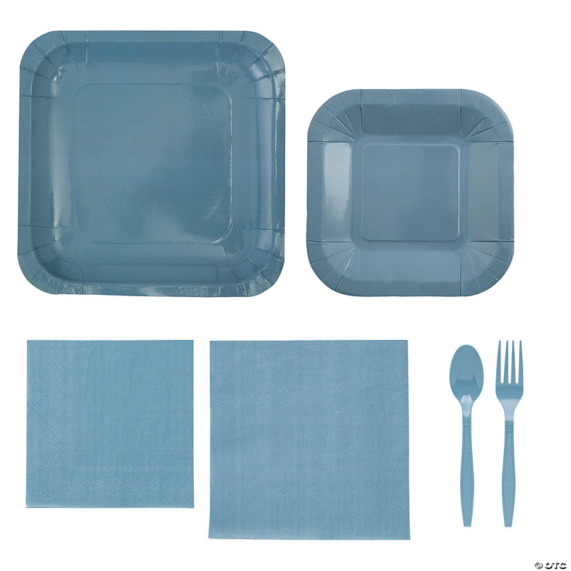 196 Pc. Slate Blue Square Disposable Tableware Kit for 24 Guests Image