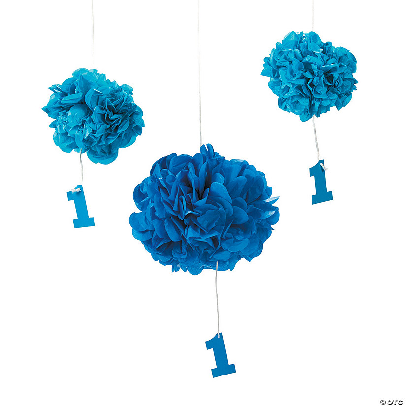 1st Birthday Boy Hanging Tissue Paper Pom-Pom Decorations with Grommet - 3 Pc. Image