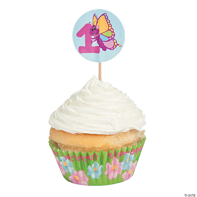 1st Birthday Butterfly Cupcake Liners with Picks - 100 Pc. Image
