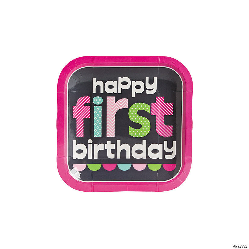 1st Birthday Party Pink Chalkboard Square Paper Dessert Plates - 8 Ct. Image