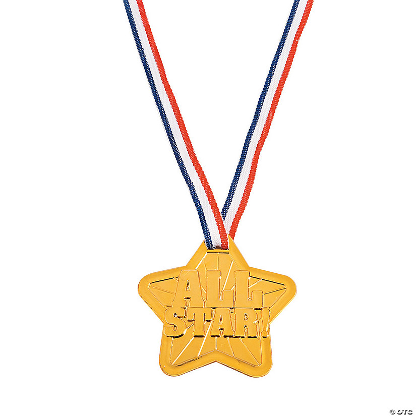 2 1/2" Goldtone Star-Shaped Plastic Award Medals with Red, White & Blue Ribbon - 12 Pc. Image