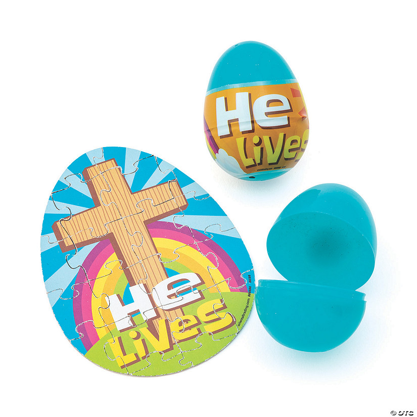 2 1/2" He Lives Puzzle-Filled Plastic Easter Eggs - Set of 12 Image