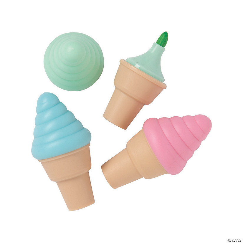 2 1/2" Ice Cream Cone-Shaped Blue, Green & Pink Plastic Highlighters - 12 Pc. Image