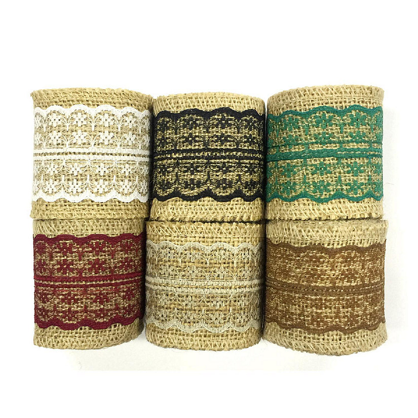 2 1/2" - Wrapables Bold Colors 12 Yards Total Vintage Natural Burlap Lace Ribbon (6 Rolls) Image