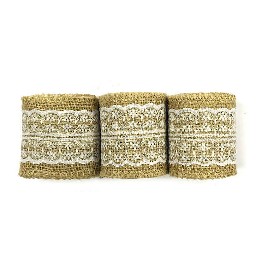 2 1/2" - Wrapables White 6 Yards Total Vintage Natural Burlap Lace Ribbon (3 Rolls) Image