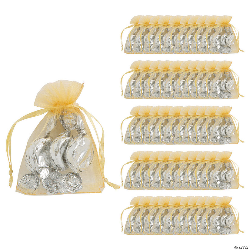 2 1/2" x 3 1/2" Mini Gold Organza Drawstring Treat Bags - 50 Pc. Image
