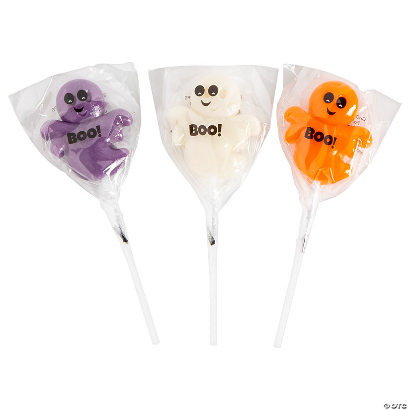 2 1/4" 7 oz. Happy Ghost Purple, White & Orange Tropical Fruit Lollipops - 12 Pc. Image