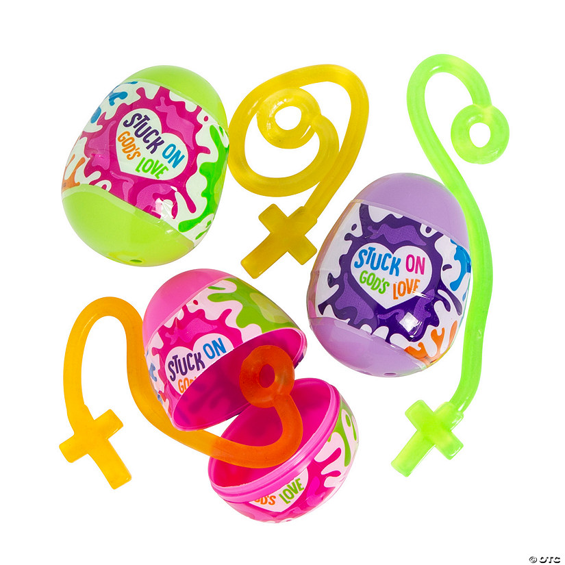 2-1/4" Bulk 48 Pc. Stuck on God&#8217;s Love Glow-in-the-Dark Sticky Cross-Filled Plastic Easter Eggs Image