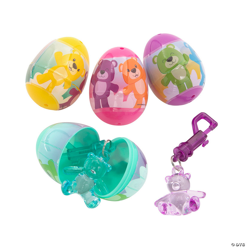 2 1/4" Teddy Bear Backpack Clip Keychain-Filled Plastic Easter Eggs &amp;#8211; 12 Pc. Image