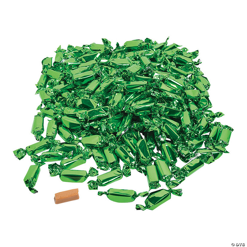 2" 2 lbs. Green Foil-Wrapped Caramel Chewy Candies - 100 Pc. Image