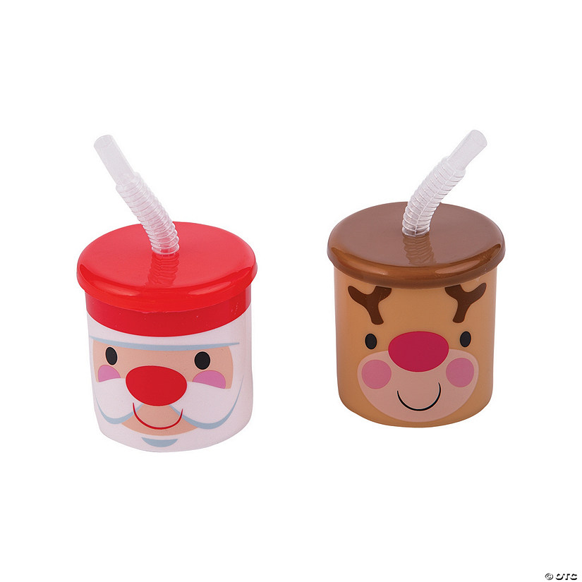 2 3/4" 7 oz. Santa & Reindeer Reusable BPA-Free Plastic Cups with Lids & Straws - 12 Ct. Image