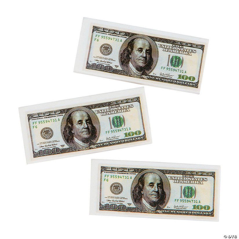 2 3/4" x 1 1/4" Realistic $100 Bill Rubber Erasers - 12 Pc. Image