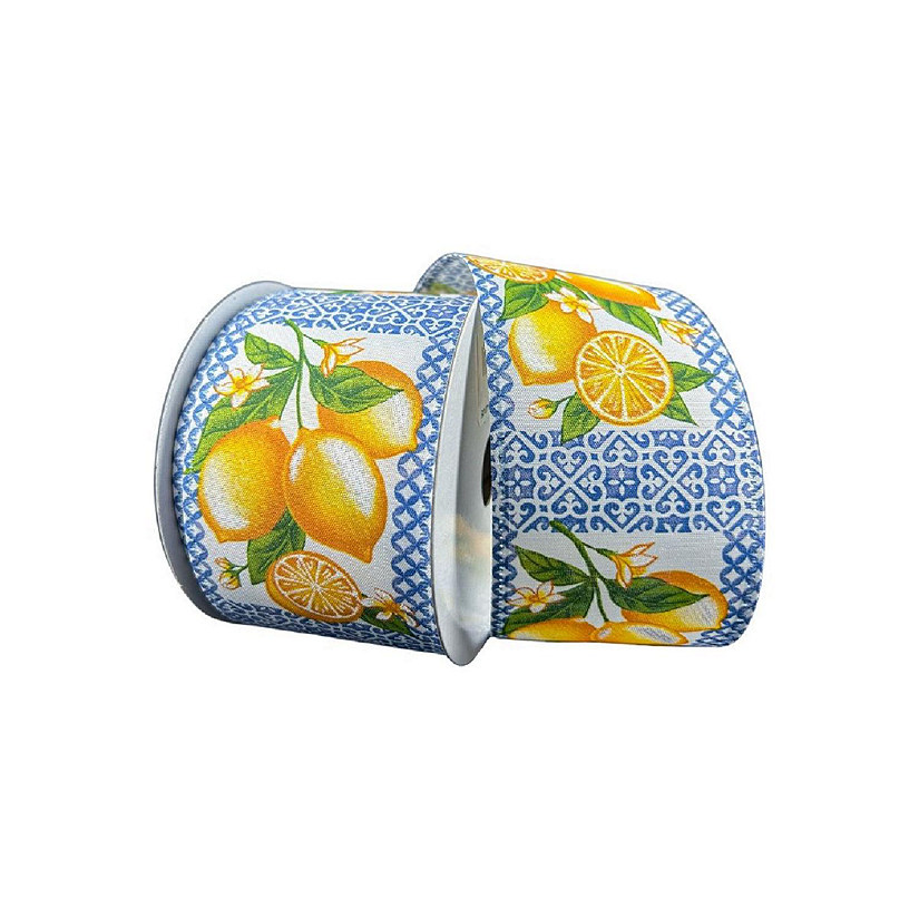 2.5" Blue Tile Squares Lemon Ribbon (10 Yards) Image