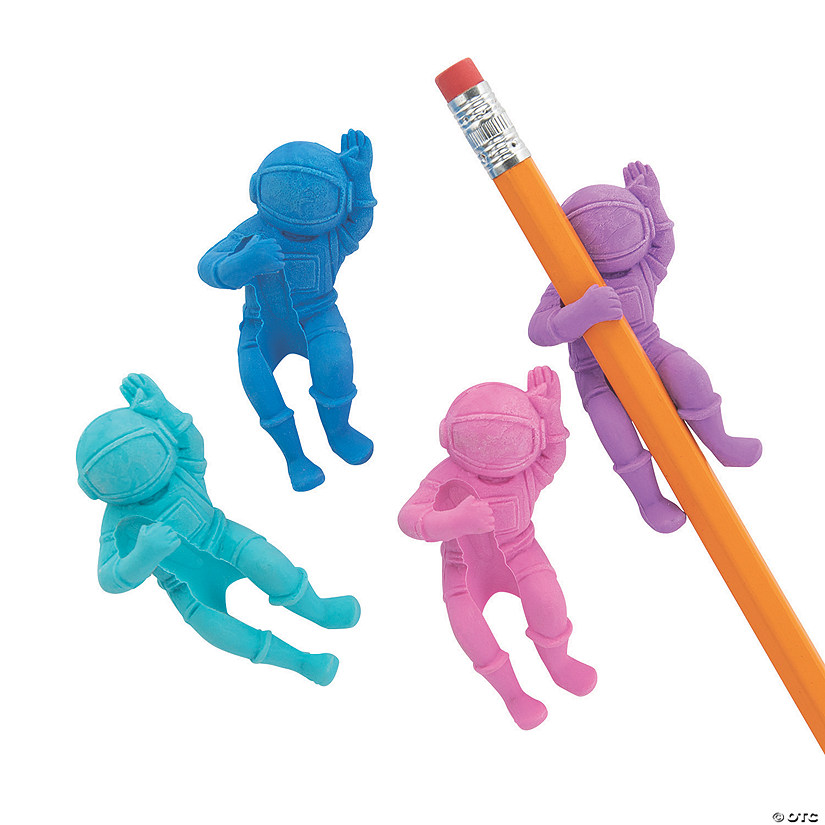 2" Astronaut Character Solid Color Pencil Wrap Rubber Erasers 24 Pc