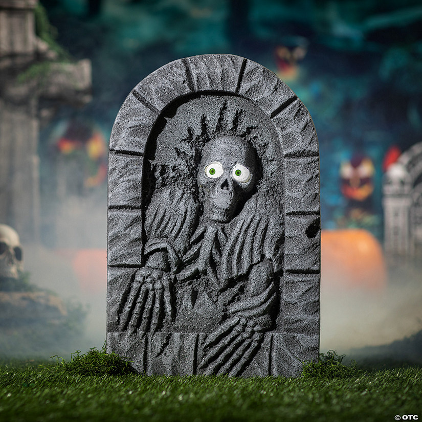 2 Ft. Gray Plastic Skeleton Tombstone with Moving Eyes Halloween Decoration Image
