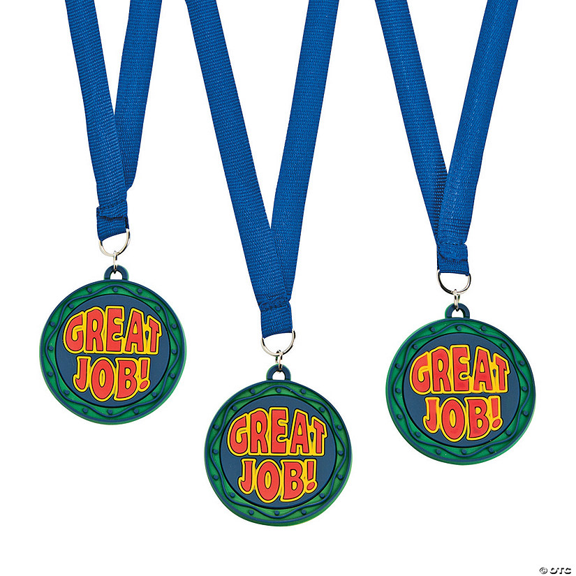 2" Great Job Multicolor Rubber Medals with Blue Ribbon - 12 Pc. Image