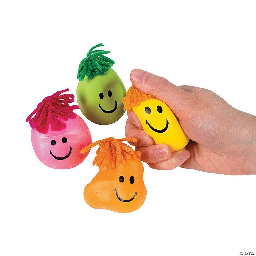 2" Mini Neon Smile Face Latex Stress Toys with Hair - 24 Pc. Image