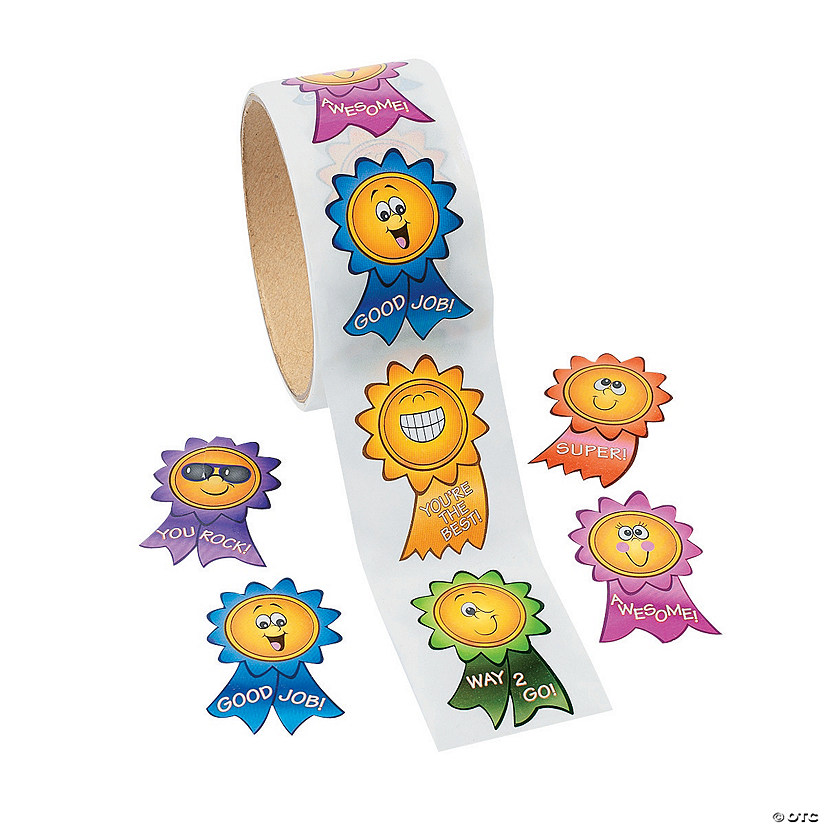 2" Motivational Smile Face Prize Ribbon Multicolor Paper Sticker Roll - 100 Pc. Image