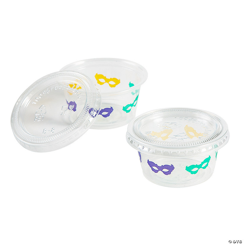 2 oz. Bulk 100 Ct. Small Mardi Gras Carnival Masks Disposable Plastic Gelatin Shot Cups with Lids Image
