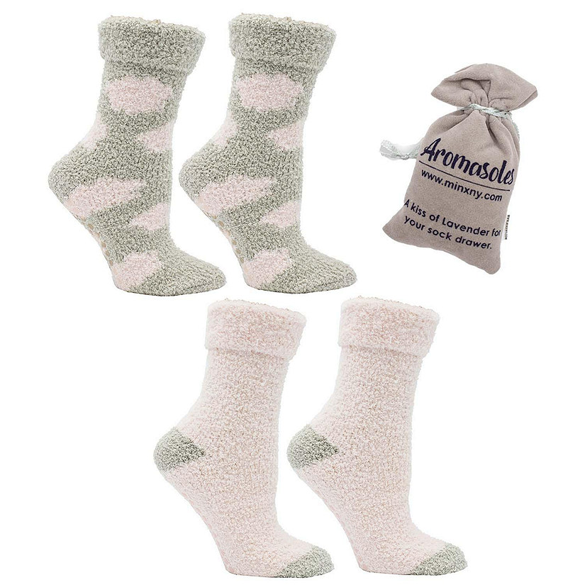 2 pair pack sock - Lavender N Shea Butter Infused  W/ Non-Skid Bottom Lavender & Scented Velvet Sachet,  Clouds- Pink & Tan - Aromasoles Image