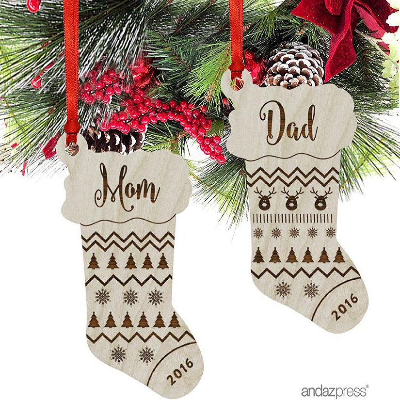 2 Wood Ornament Mom, Dad, Stocking Shape Image