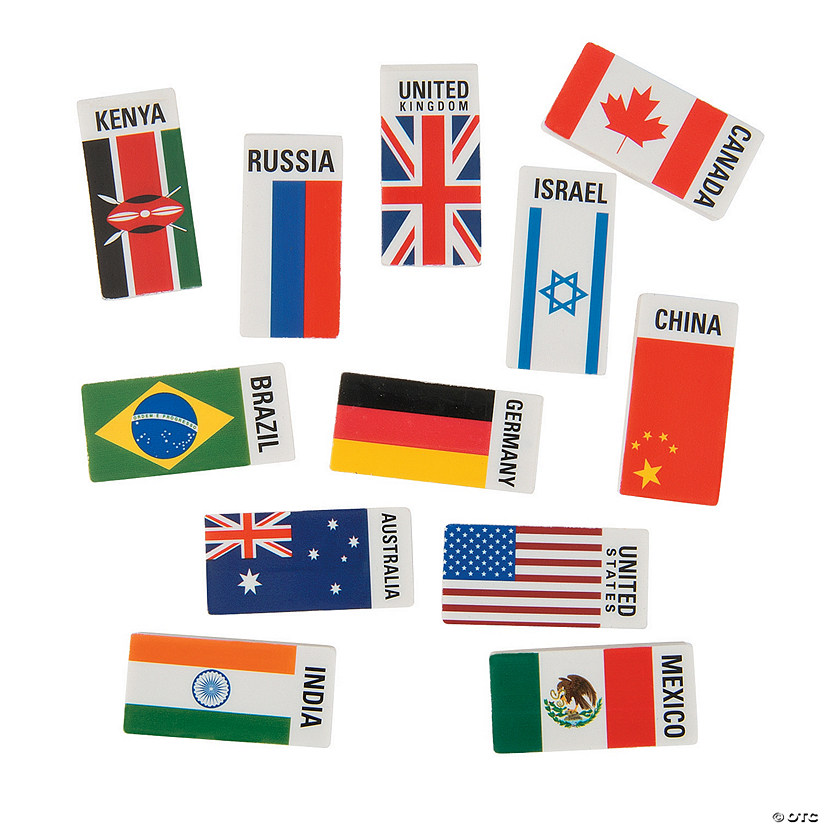 2" x 1" Flags Around the World & Names Rubber Erasers - 24 Pc. Image