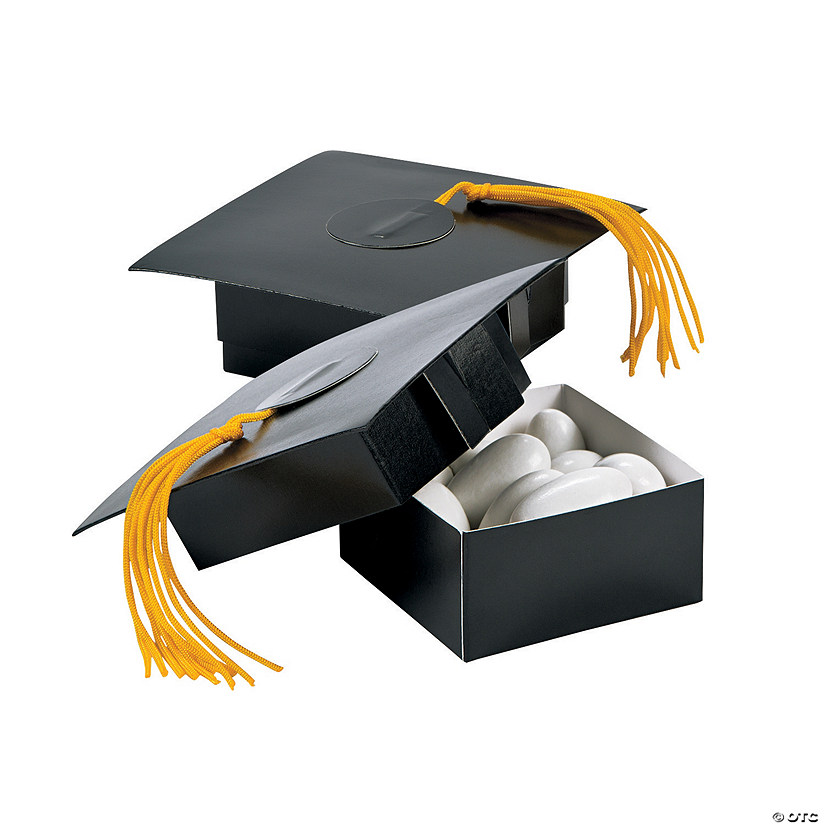 2" x 2" Graduation Cap-Shaped Cardboard Treat Boxes with Tassels - 12 Pc. Image