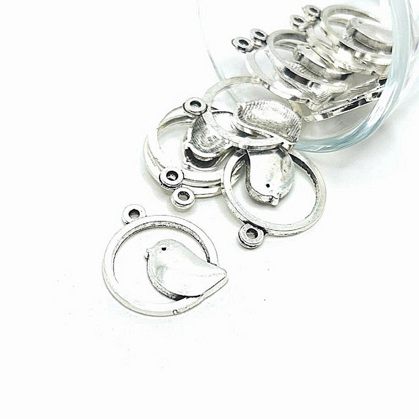 20 Antique Silver Perched Bird Charms Image