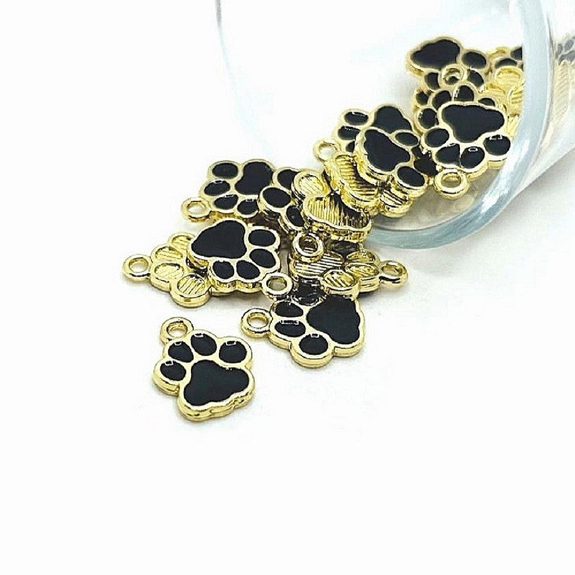 20 Black Enamel And Gold Dog Cat Paw Print Charms Image