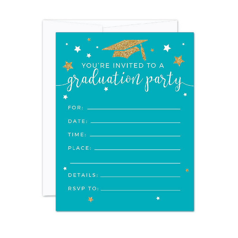 20 Gold/Aqua Graduation Invitations Image