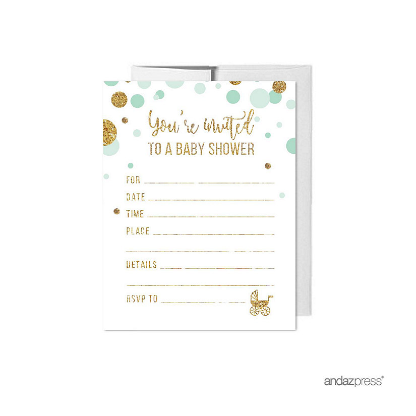 20 Mint Green Gold Glitter Invitations Image
