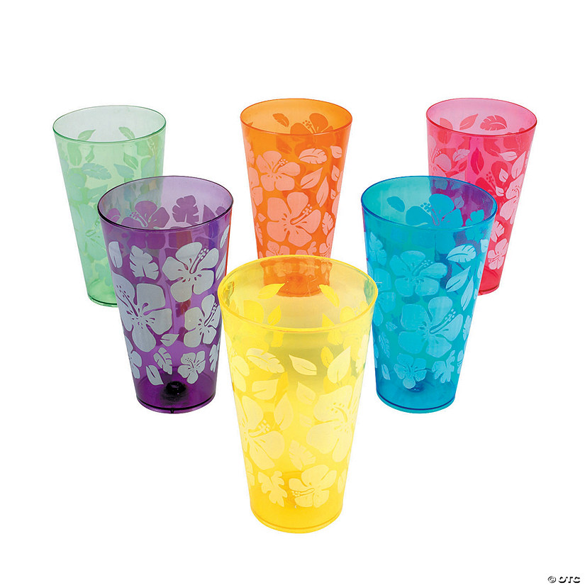 20 oz. Bright Luau Hibiscus Print Disposable Plastic Cups - 12 Ct. Image