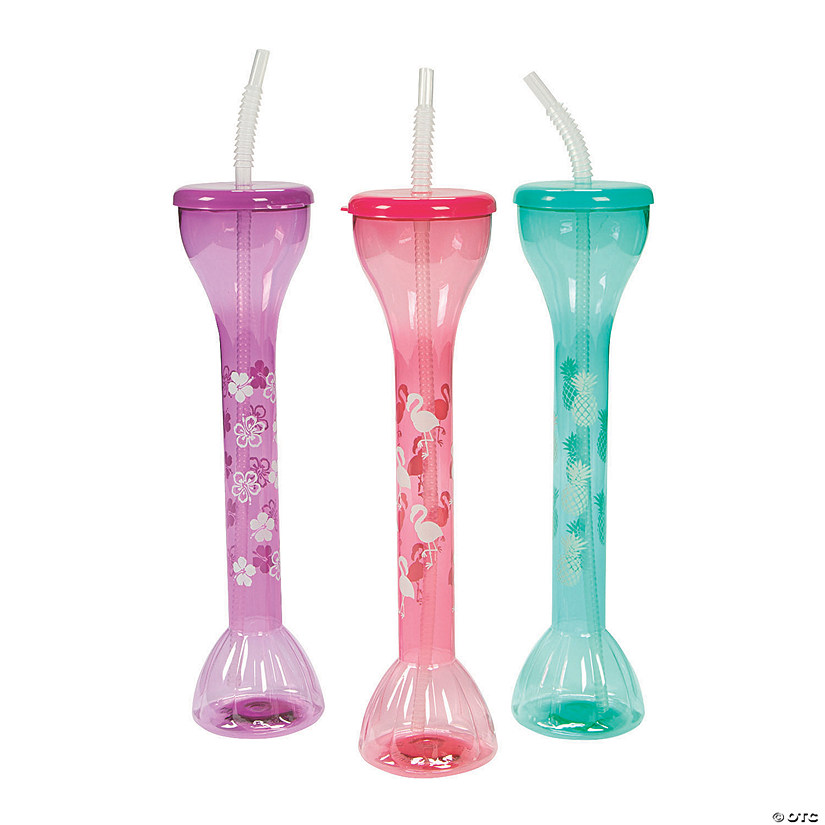 20 oz. Luau Reusable BPA-Free Plastic Yard Glasses with Lids & Straws - 6 Ct. Image