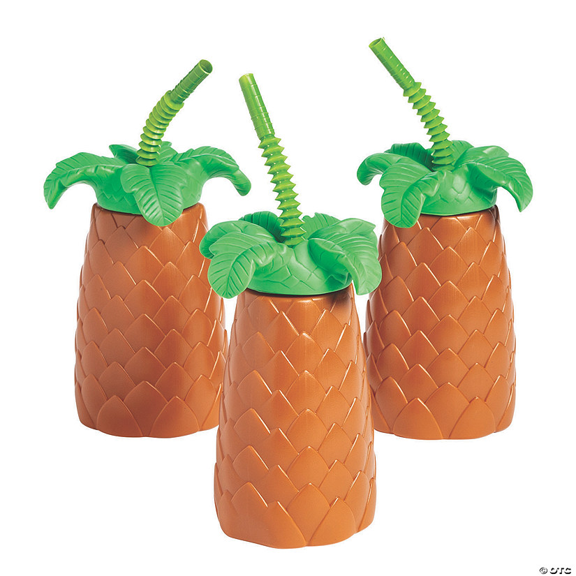 20 oz. Palm Tree Reusable BPA-Free Plastic Cups with Lids & Straws - 12 Ct. Image