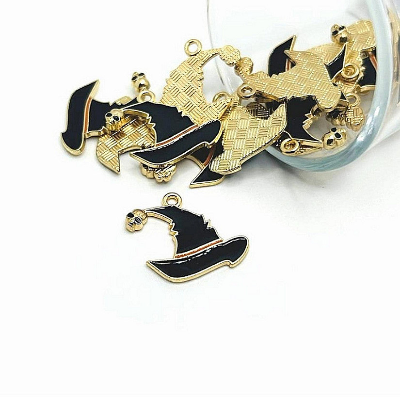 20 Pcs Black Witch Hat Charms with Skull Image