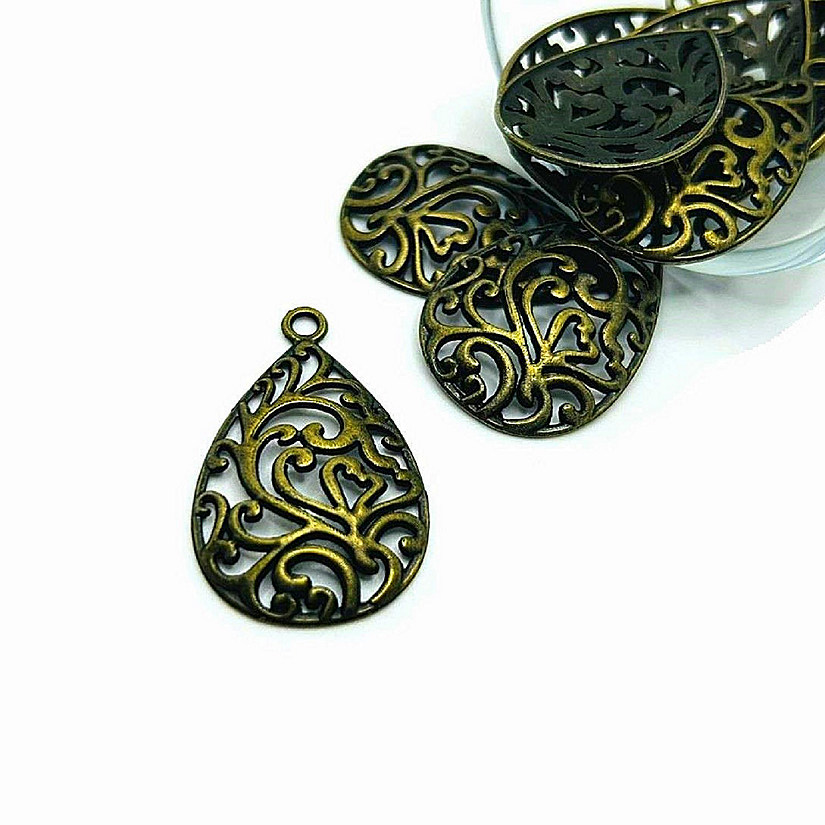 20 Pcs Bronze Filigree Teardrop Charms Image