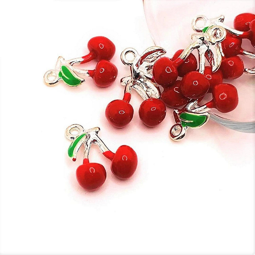 20 Pcs Red Enamel Cherry 3D Charms Image