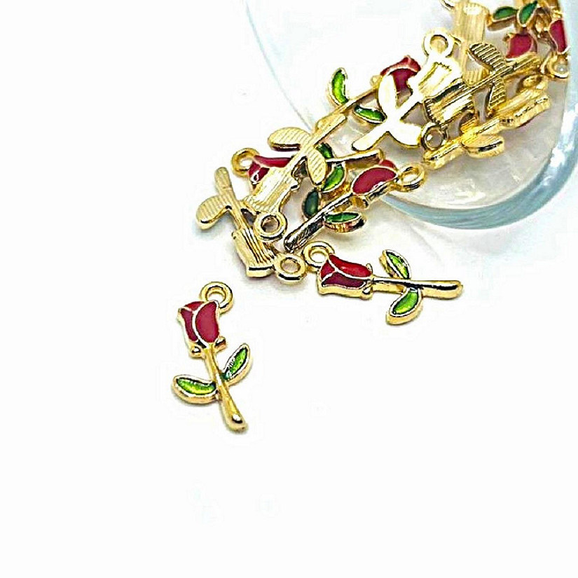 20 Pcs Red Enamel Rose Charms Image