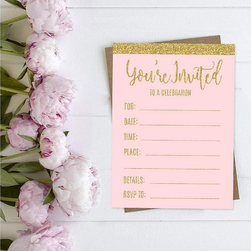 20 Pink Gold Glitter Party Invitations Image