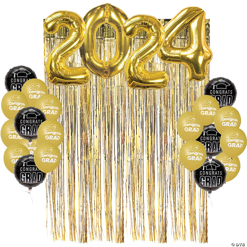 2024 Black & Gold Congrats Grad Balloon Backdrop Kit - 61 Pc. Image