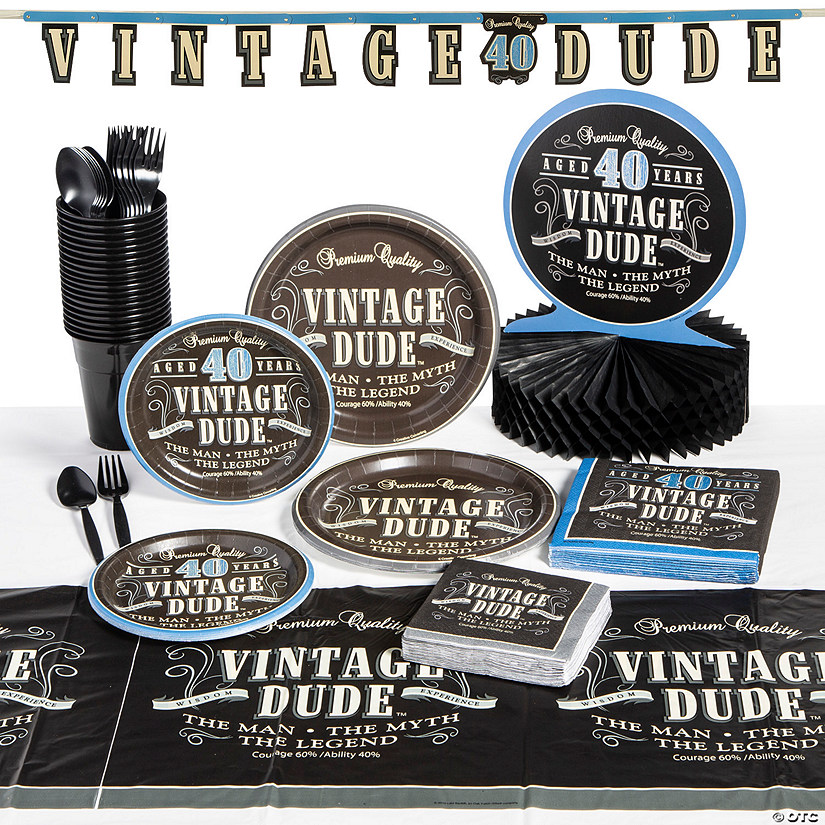 205 Pc. 40th Birthday Vintage Dude Tableware Kit for 24 Guests Image