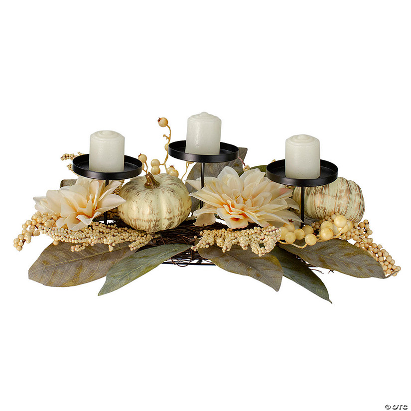 21" White Dahlia and Pumpkin Fall Candle Holder Centerpiece Image
