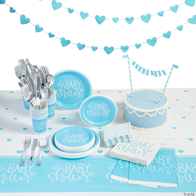 213 Pc. Blue Heart Baby Shower Tableware Kit for 24 Guests Image