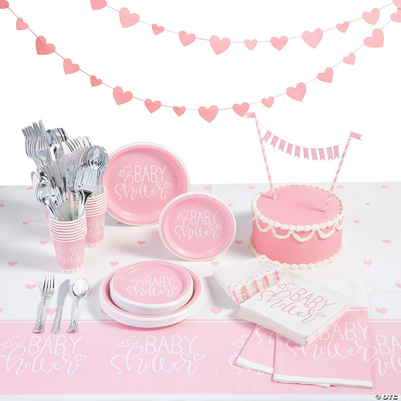 213 Pc. Pink Heart Baby Shower Tableware Kit for 24 Guests Image