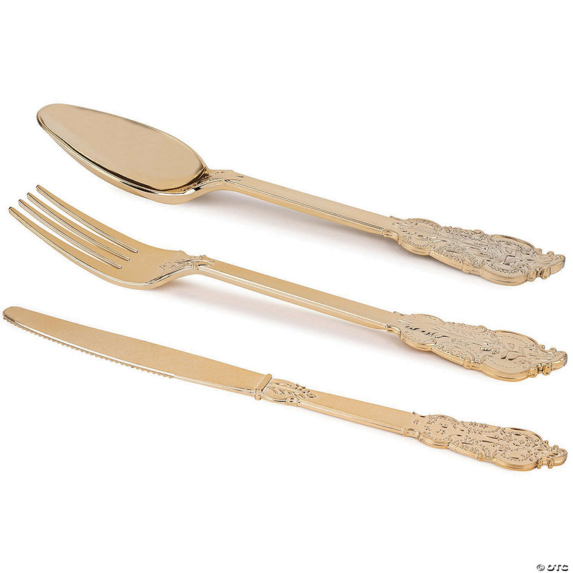 216 Pc. Shiny Metallic Gold Baroque Plastic Cutlery Set - Spoons, Forks and Knives (72 Guests) Image
