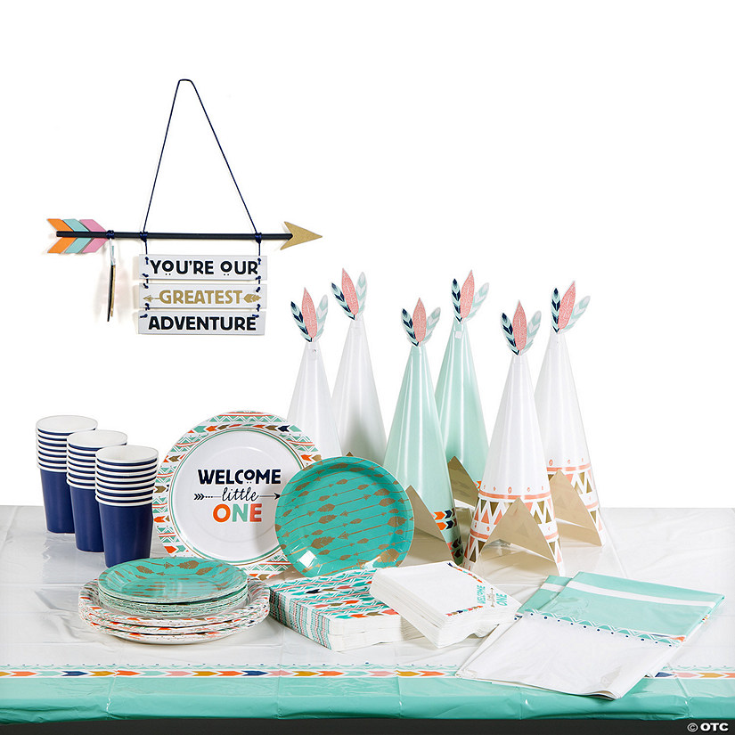 218 Pc. Tribal Boho Baby Shower Tableware Kit for 24 Image