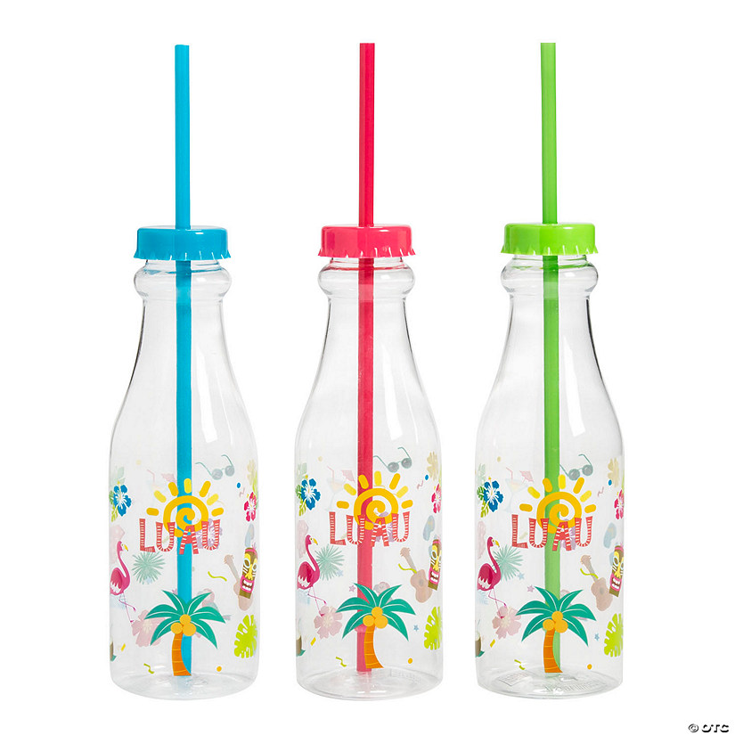 22 oz. Luau Reusable Plastic Drink Bottles with Lids & Straws - 12 Pc. Image